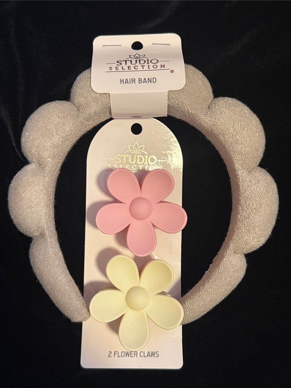 🖤 Studio Selection Puffy Terry Cloth Headband and 2 Flower Clips Bundle NWT
